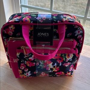 Jones New York Black Floral Cosmetic Tote set with Hot Pink Trim